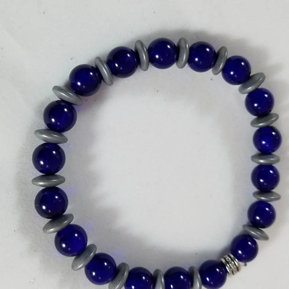 Hand Crafted Bracelet with Hematite Spacers Stretch Cobalt Blue Gray 7” Unisex